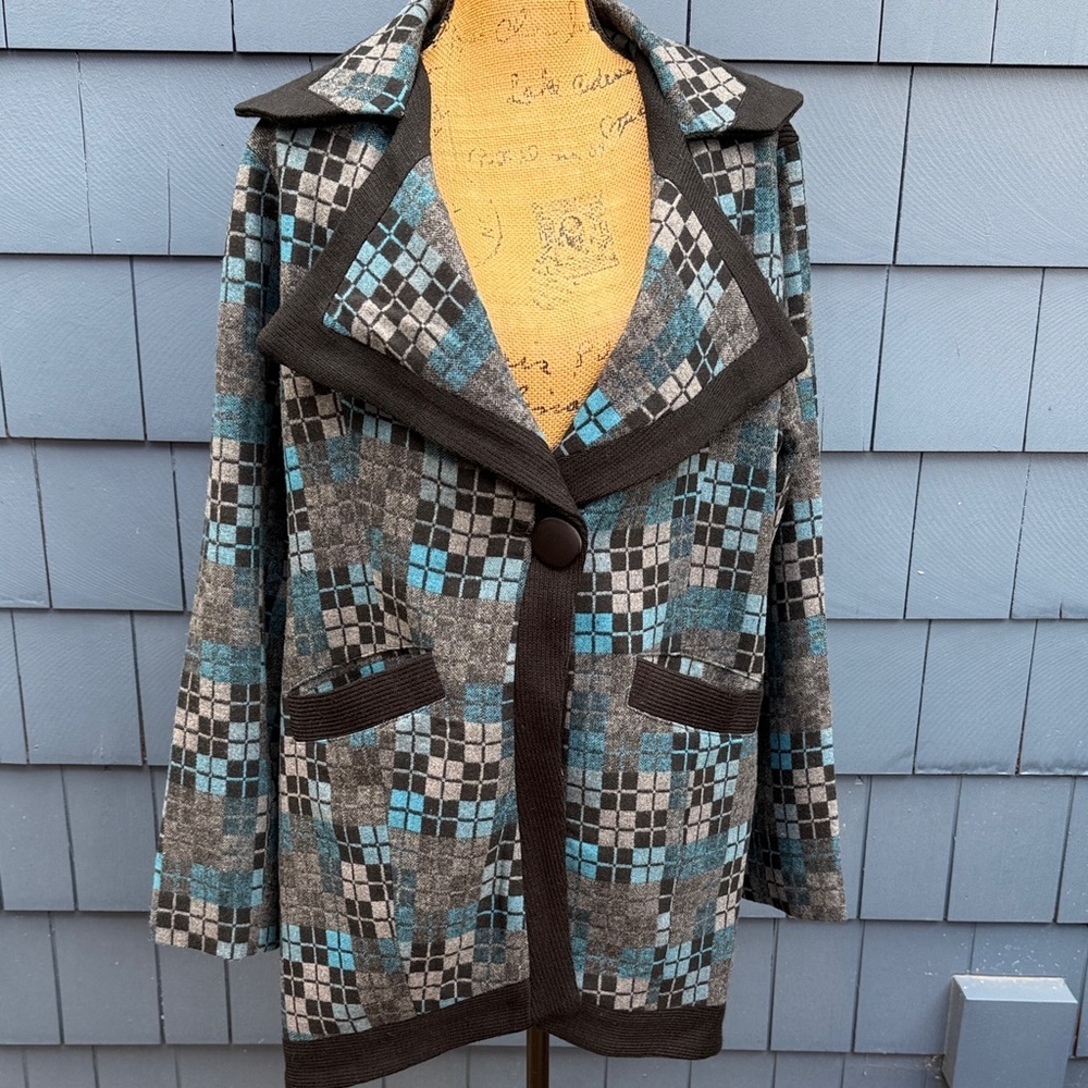 North Style 1X blue grey checkered coat Jacket gorgeous wool blend knit